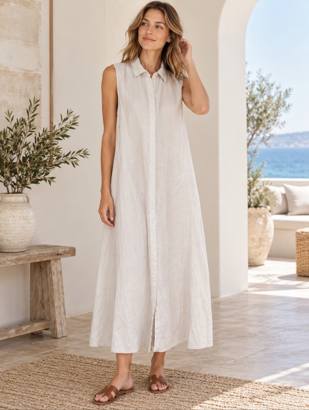 100% Linen Off-White Sleeveless Button-Front Maxi Shirt Dress
